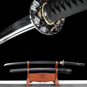 Handcrafted Katana Japanese Samurai Sword with T10 Clay Tempered Steel and  Black Wing Tsuba and Black Wood Saya for Hobby