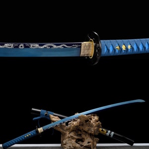 Handcrafted Katana Japanese Samurai Sword with Blue Carbon Steel and Geranosaurus Tsuba and Wood Saya for Hobby