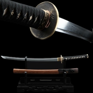 Handcrafted Wakizashi Japanese Samurai Sword with Damascus Folded Steel and Wushi Tsuba and Wood Saya for Hobby