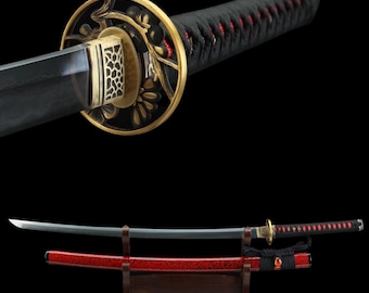 Handcrafted Katana Japanese Samurai Sword with Damascus Folded Clay Tempered Steel and Red Plum Tsuba and Wood Saya for Hobby