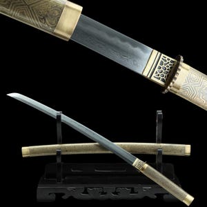 Handcrafted Wakizashi Japanese Samurai Sword with Damascus Folded Clay Tempered Steel and Brass Xintao Tsuba and Wood Saya Bushido for Hobby