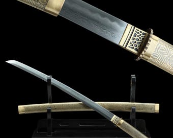 Handcrafted Wakizashi Japanese Samurai Sword with Damascus Folded Clay Tempered Steel and Brass Xintao Tsuba and Wood Saya Bushido for Hobby