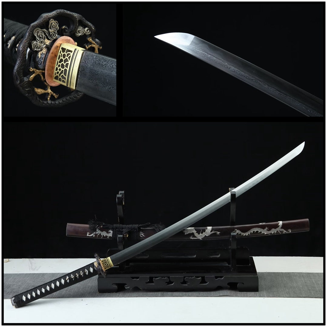 Katana Damascus Folded Clay Tempered Steelblade Japanese Samurai Sword ...