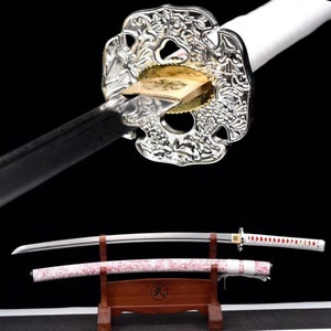 Handcrafted Katana Japanese Samurai Sword with Damascus Folded Steel and  Yingluo Tsuba and Pink Patterns White Wood Saya for Hobby