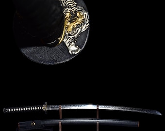 Handcrafted Katana Japanese Samurai Sword with T10 Clay Tempered Steel and Silver Tiger Brass Tsuba and Wood Saya Sword for Hobby