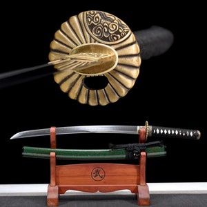 Handcrafted Wakizashi Japanese Samurai Sword with T10 Clay Tempered Steel and Qinglin Tsuba and Green Wood Saya for Hobby