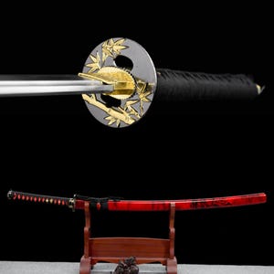 Handcrafted Katana Japanese Samurai Sword with Carbon Steel and Red Bamboo Tsuba and Red Handmade Wood Saya Bushido for Hobby