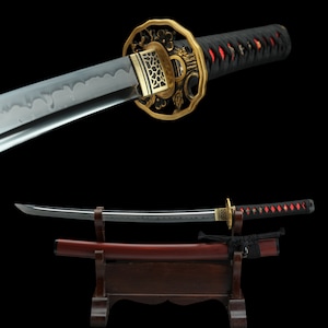 Handcrafted Wakizashi Japanese Samurai Sword with T10 Clay Tempered Steel and Yanhui Tsuba and Red Wood Saya for Hobby