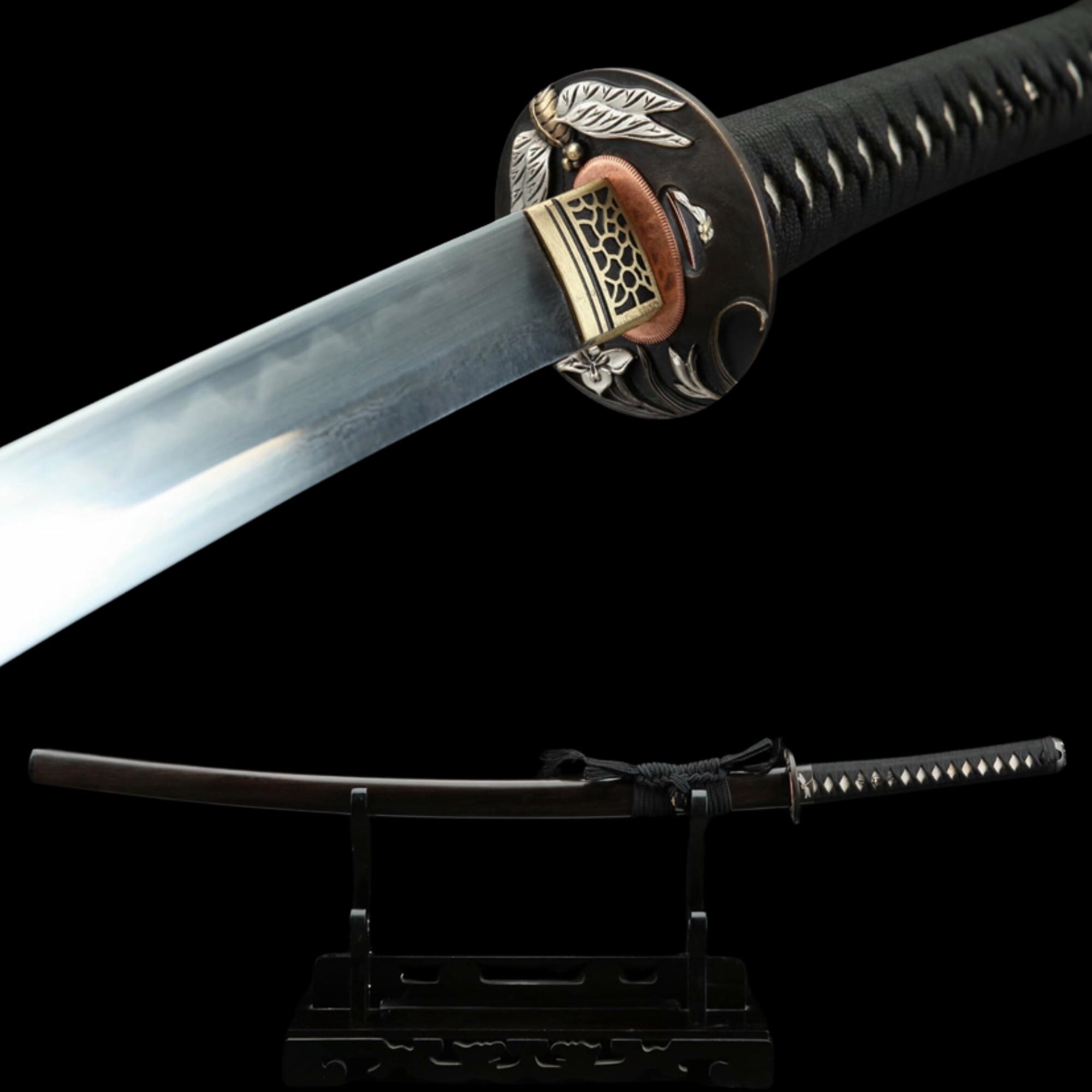 Handcrafted Katana Japanese Samurai Sword with Damascus Folded Clay Tempered Steel and Dragonfly Brass Tsuba and Wood Saya for Hobby