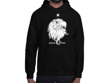 May include: Black hooded sweatshirt with a white eagle head graphic and the text "AIGLE ROYAL" below it. A white star is above the eagle.