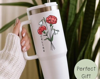 Personalized Birth Flower Tumbler: Custom Floral 40 oz Gift Cup
