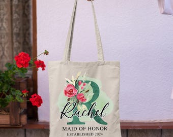 Personalized Floral Initial Tote Bag: Monogrammed Canvas Shoulder Bag