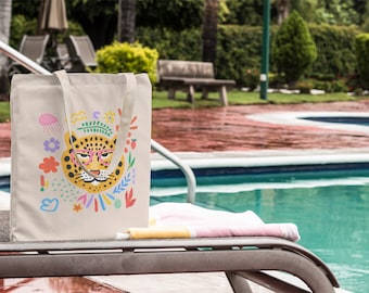Colorful Leopard Canvas Tote Bag: Artistic Reusable Shopping Bag