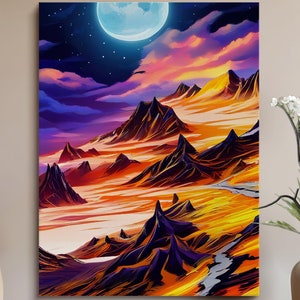 Mountain Painting Wall Art Print, Mid Century Modern, Room Decor Aesthetic,Moon Art,Landscape Painting,Landscape Wall Art,Printable Wall Art