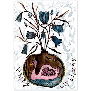 Cartão de aniversário de cisne rosa com flores azuis – Pacote de 10 cartões comemorativos com ilustrações de arte popular desenhadas à mão (UE e resto do mundo)