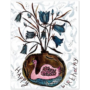 Bluebells em vaso com cisne rosa – Ilustração de cartão de aniversário de arte popular para o mercado dos EUA