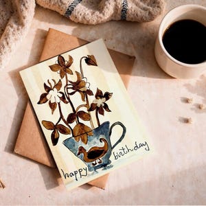 Pacote com 10 cartões de felicitações em formato de xícara de chá com estampa floral de pato – Papelaria com aquarela botânica