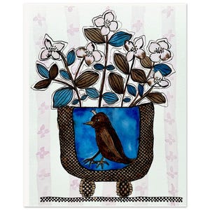 Impresión artística de un jarrón floral de mirlo coronado, ilustración botánica en acuarela, póster en papel mate con calidad de museo.