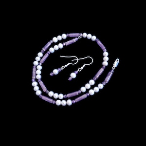 Freshwater pearl and amethyst necklace and earring set