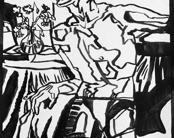 May include: Black and white line drawing of a person sitting at a table with a vase of flowers. The person is facing away from the viewer and has their arm resting on the table. The drawing is done in a stylized, abstract style.