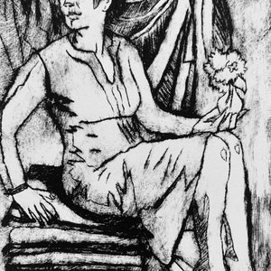 May include: A black and white drawing of a person sitting on a stool, holding a bouquet of flowers. The person is wearing a dress and has short hair.