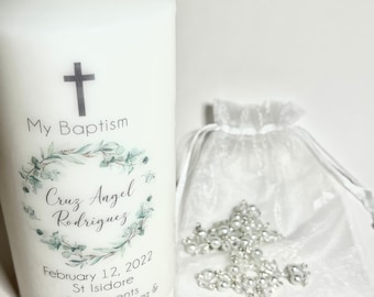 Handkerchief #BC5111 Spanish Baby Boys and Girls Baptism Candle Set for Christenings with Shell Missal Book Rosary 
