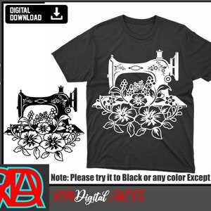 Puede incluir: Un diseño digital en blanco y negro que presenta una máquina de coser con detalles florales. El diseño es perfecto para crear camisetas, tazas, bolsas de mano y otras manualidades.