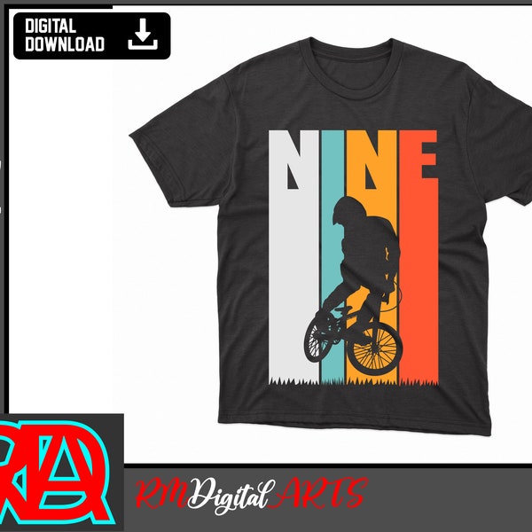 Retro NINE 9 year old Biker, BMX Rider, Bmx Biker Svg, Bars, Birthday svg - Svg Cut File, Vector, Png, Dxf & Silhouette Digital Download