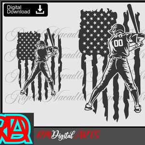 Op de afbeelding: Zwart-witte silhouet van een honkballer die een knuppel zwaait voor een verweerde Amerikaanse vlag.