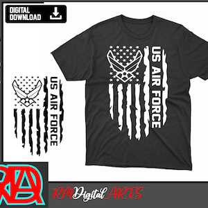 May include: A black and white distressed American flag design with the US Air Force logo and text. The design is on a black t-shirt.