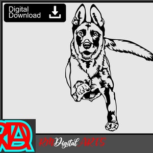 May include: Black and white vector illustration of a German Shepherd dog running. The dog is in mid-air with its paws extended. The image is suitable for use as a digital download for crafting projects.