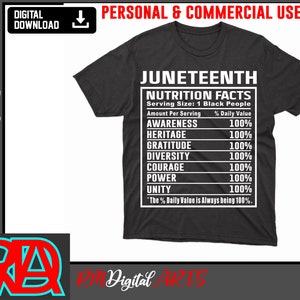 May include: A dark gray t-shirt with the word "JUNETEENTH" at the top, and a "NUTRITION FACTS" label below. The label lists values for awareness, heritage, gratitude, diversity, courage, power, and unity, all at 100%.