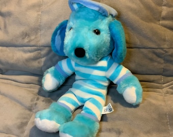 Vintage Terry Towel Blue Striped Puppy Dog Soft 12” Comforter Toy Plush by PMS Spaniel Ears Blue & White Romper Suit Cap/Hat Long Lost Toy