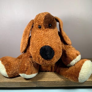 MOTHERCARE Vintage Early 90s Rare BARKLEY Large Weighted Brown Patch Dog, 20&quot;/50cm, Bean Filled Paws, Super Soft Nostalgic Stuffed Plushie