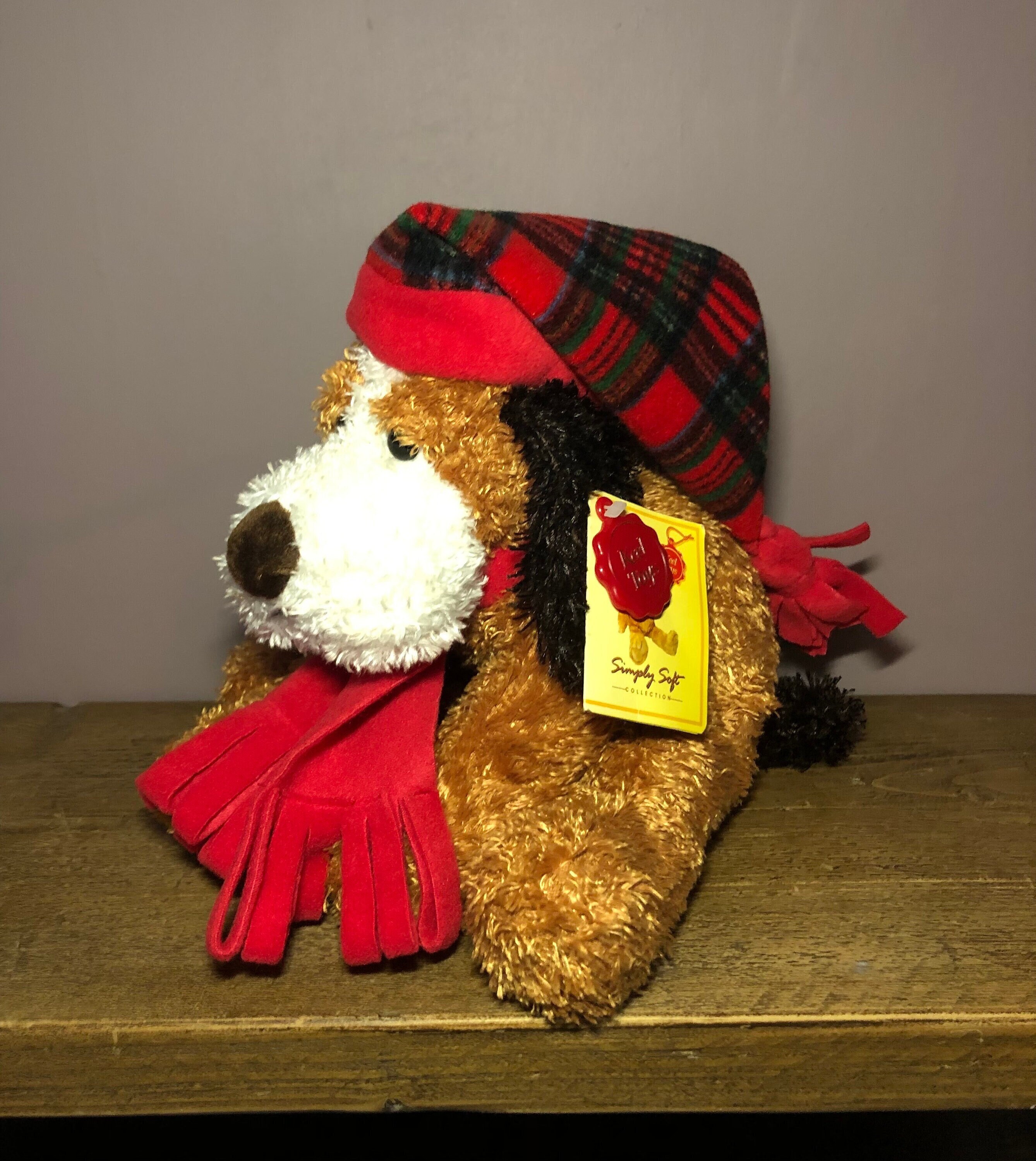 KEEL Toys Simply Soft Vintage 1990s Christmas Plush Weighted Beanie Brown White Hound Spaniel Dog W red Scarf Striped Hat W tags Etsy UK
