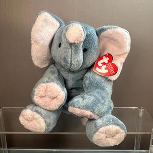 TY Pluffies Elephant Plush: WINKS Grey/Pink Beanie - 2002 Version