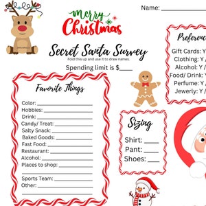 May include: A Christmas-themed Secret Santa survey sheet. Includes illustrations of a reindeer, gingerbread man, and snowman. Sections for preferences, sizing, and favourite things are present. The text reads "merry Christmas" and "Secret Santa Survey".