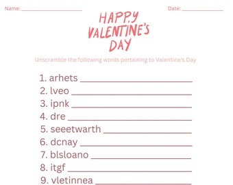 Valentine's Day word unscramble