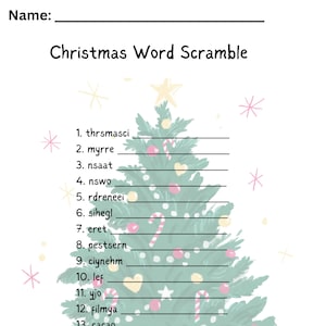 May include: A printable Christmas word scramble activity featuring a green Christmas tree with red and white candy canes, ornaments, and stars. The words to unscramble are: Christmas,  myrre,  Santa, snow, reindeer, angel,  tree,  presents, chimney, elf,  joy,  family,  cacao, milk, cookies.