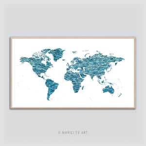 Digital World Map Collage with Abstract Water Background, Frame TV Art, Tv Decor, "MARICI TV Art" collection
