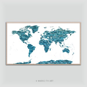 Frame TV Art, Modern World Map Collage with Blue Abstract Waves, Map of the World incl. Antarctica, "MARICI TV Art" collection