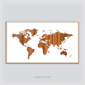 Map of the World, Frame TV Art, Worldmap Collage with Wooden Background Structures, Tv Decor, "MARICI TV Art" collection