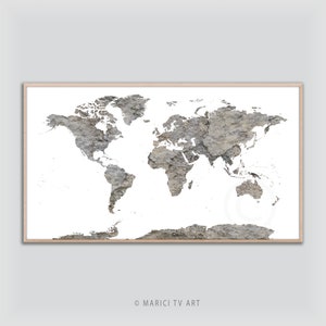 Frame TV Art, Modern World Map in Neutral Earth Tones & Structures, Map of the World incl. Antarctica, "MARICI TV Art" collection