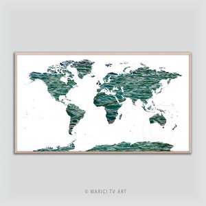 World Map Collage, Frame TV Art, Digital Map of the World incl. Antarctica & Waves Background, "MARICI TV Art" collection