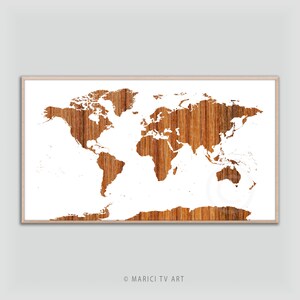 World Map Collage, Modern Frame TV Art, Map of the World with Wooden Structure incl. Antarctica, "MARICI TV Art" collection