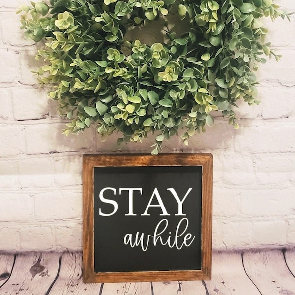 Stay Awhile | Farmhouse | Country Living | Home Decor | Tiered Tray Sign | Shelf Decor | Home Decorating | Entryway Decor | Wood Signs