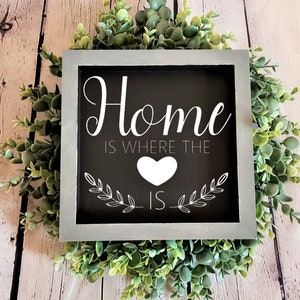 Home is where the heart is | Wood framed sign | Tiered tray decor | Home decorating | Farmhouse Living | Rustic Decor | Wall Decor | Shelf