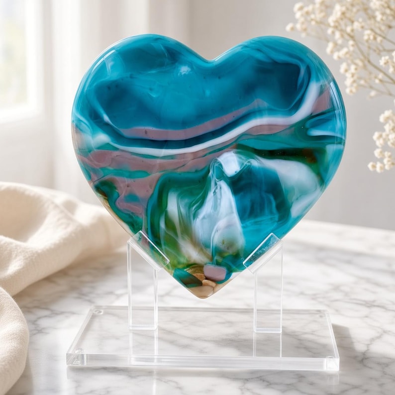 Coastal Teal Heart - handmade fused glass art by Nataly Biskay