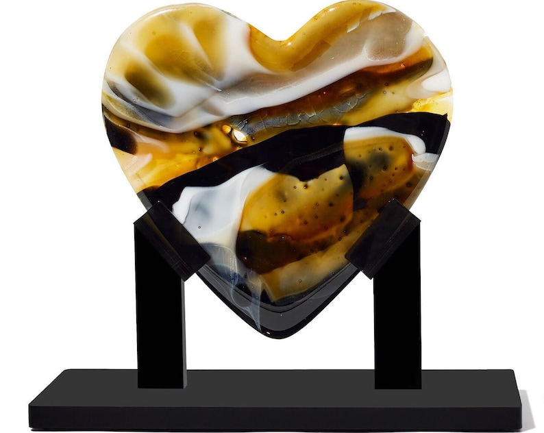 Amber and Charcoal Heart - handmade fused glass art by Nataly Biskay