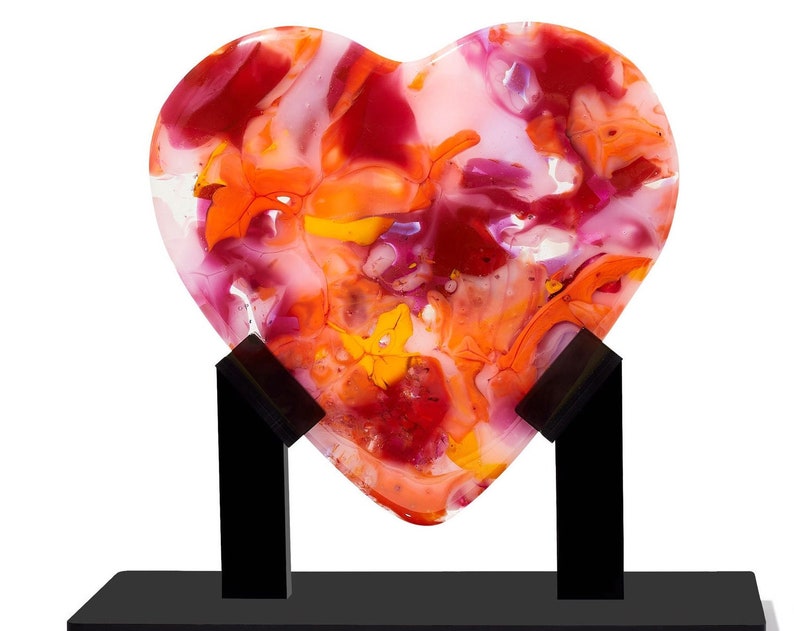 Red and Orange Heart - handmade fused glass art by Nataly Biskay